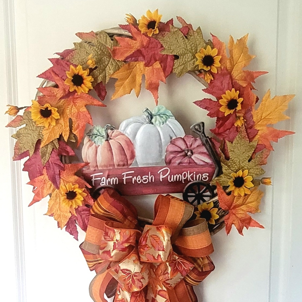 Fall Harvest Pumkin Wreath Farm Fresh Bow Sunflowers Oak Leaves